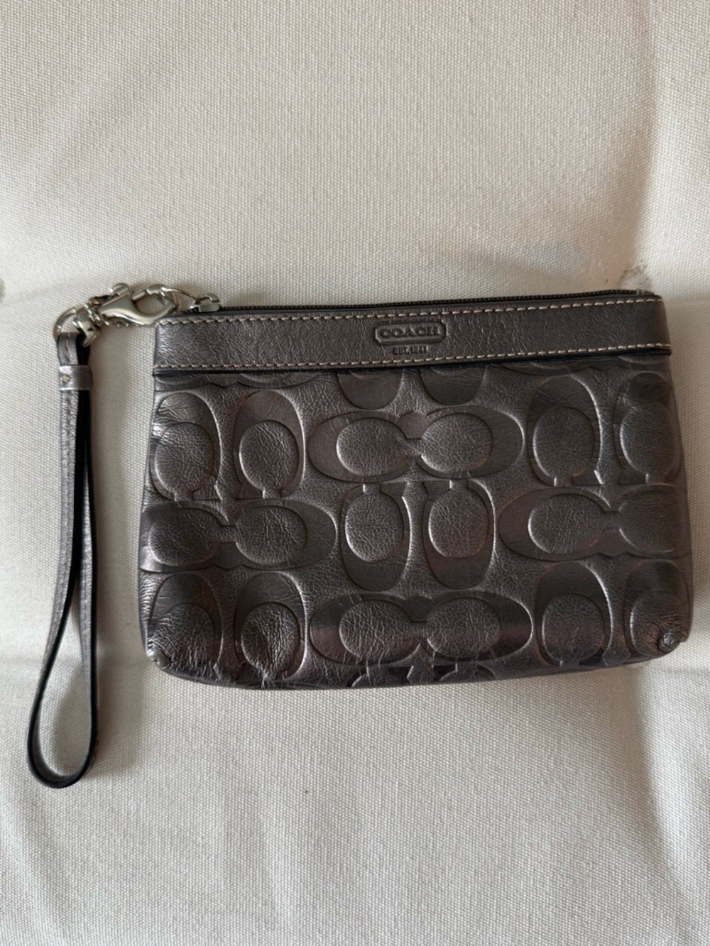 Coach Metallic Pewter Logo Wristlet with Strap - Like New with no tags